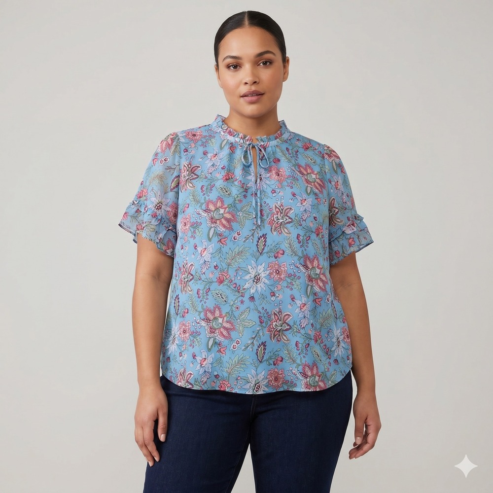 LOFT Plus Blue Floral Ruffle Sleeve Blouse Top Sz 26 Cottagecore Feminine Spring